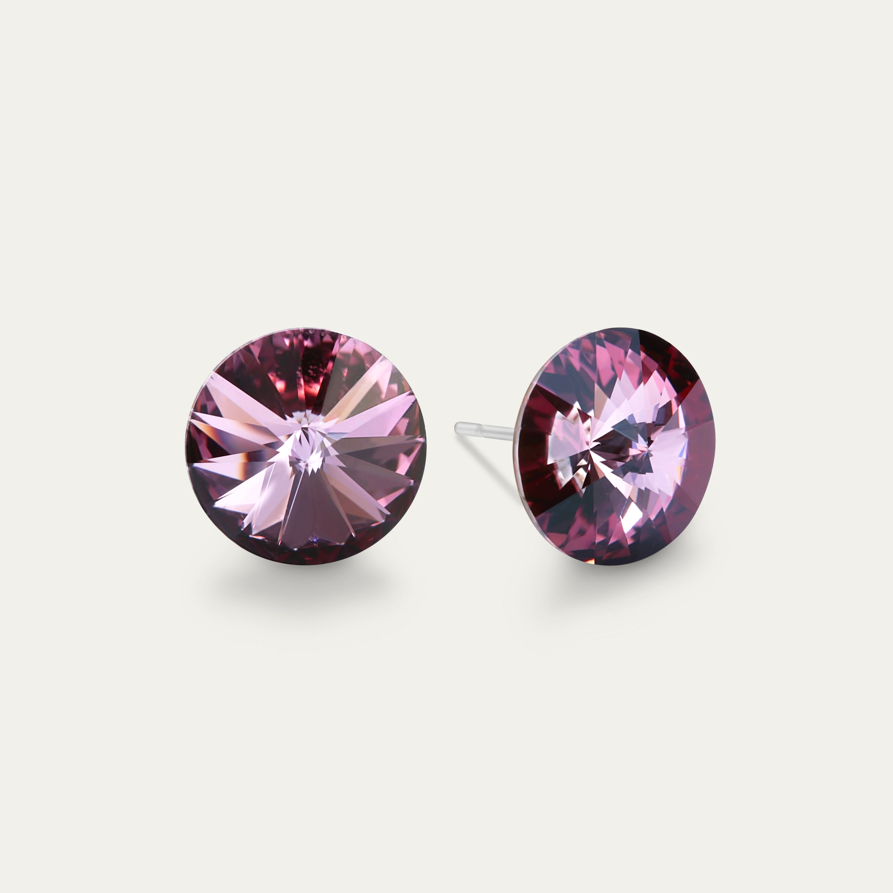 Ella Antique Pink 10mm crystal stud earrings on a white background, showcasing their elegant design and hypoallergenic stainless steel setting.