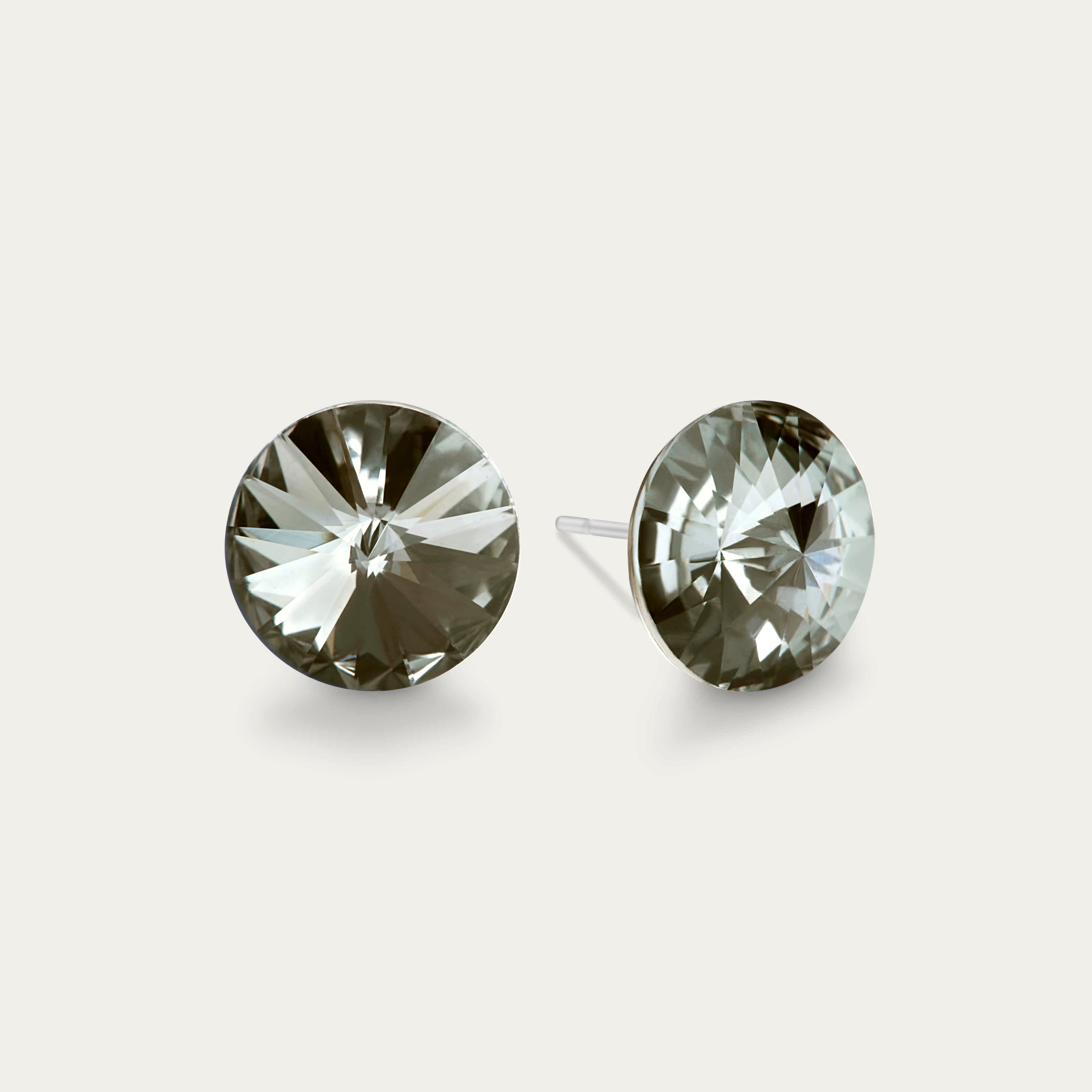 Ella Black Diamond 10mm hypoallergenic stainless steel stud earrings featuring a black color crystal rivoli.