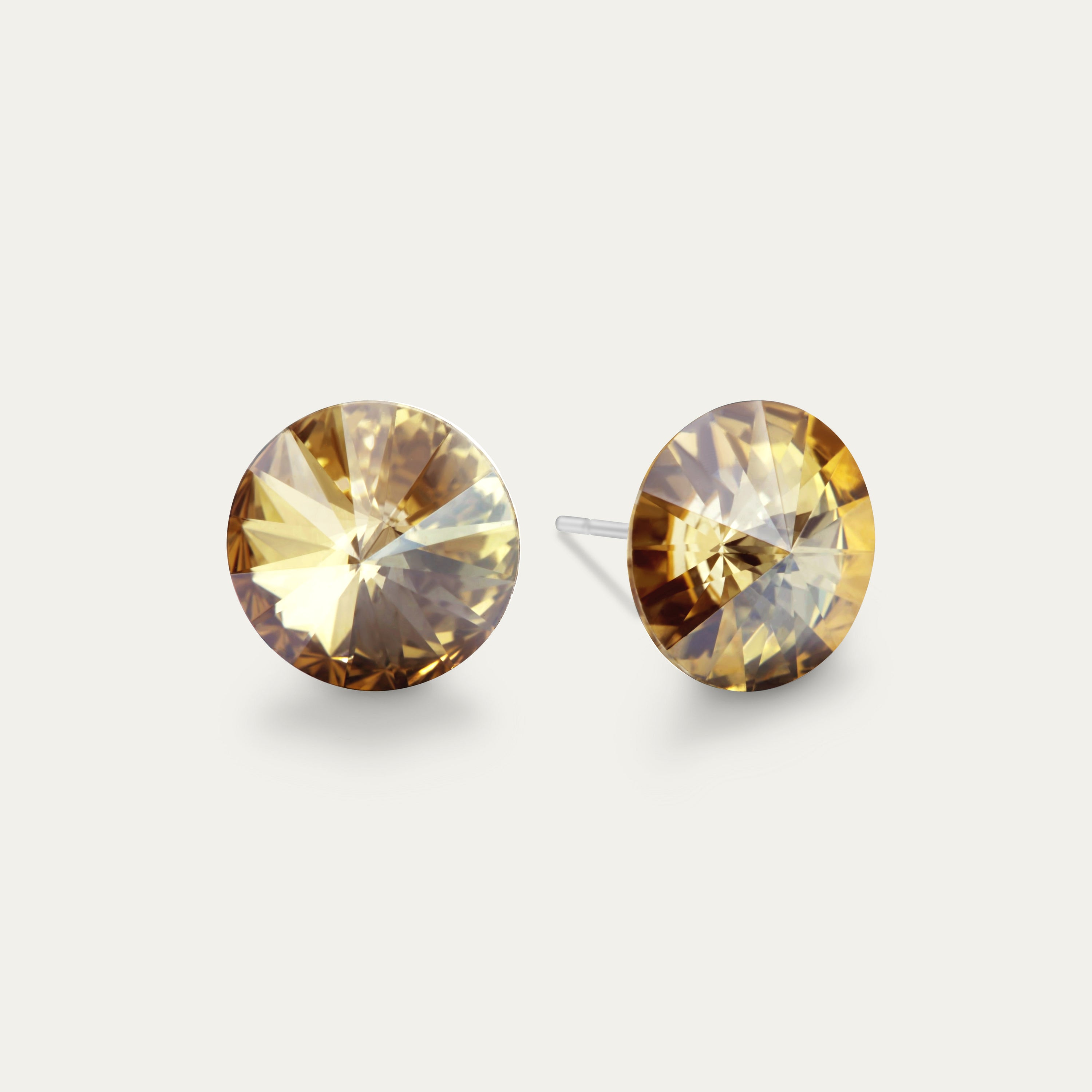 Ella - Golden Shadow earrings featuring a 10mm gold color crystal set in hypoallergenic stainless steel, showcasing elegance and luxury.