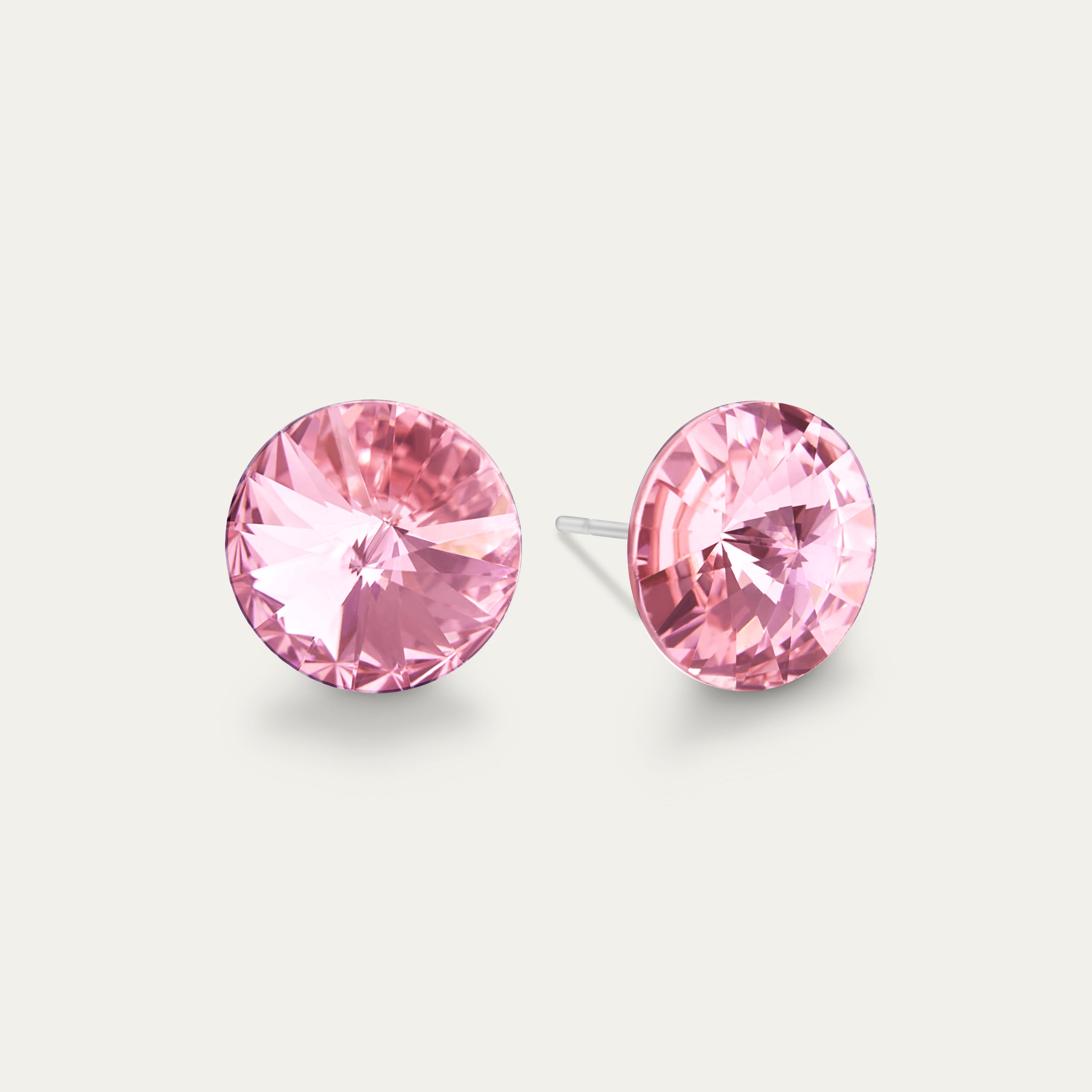 Ella Light Rose earrings featuring a 10mm pink color crystal set in hypoallergenic stainless steel, showcasing elegance and sophistication.