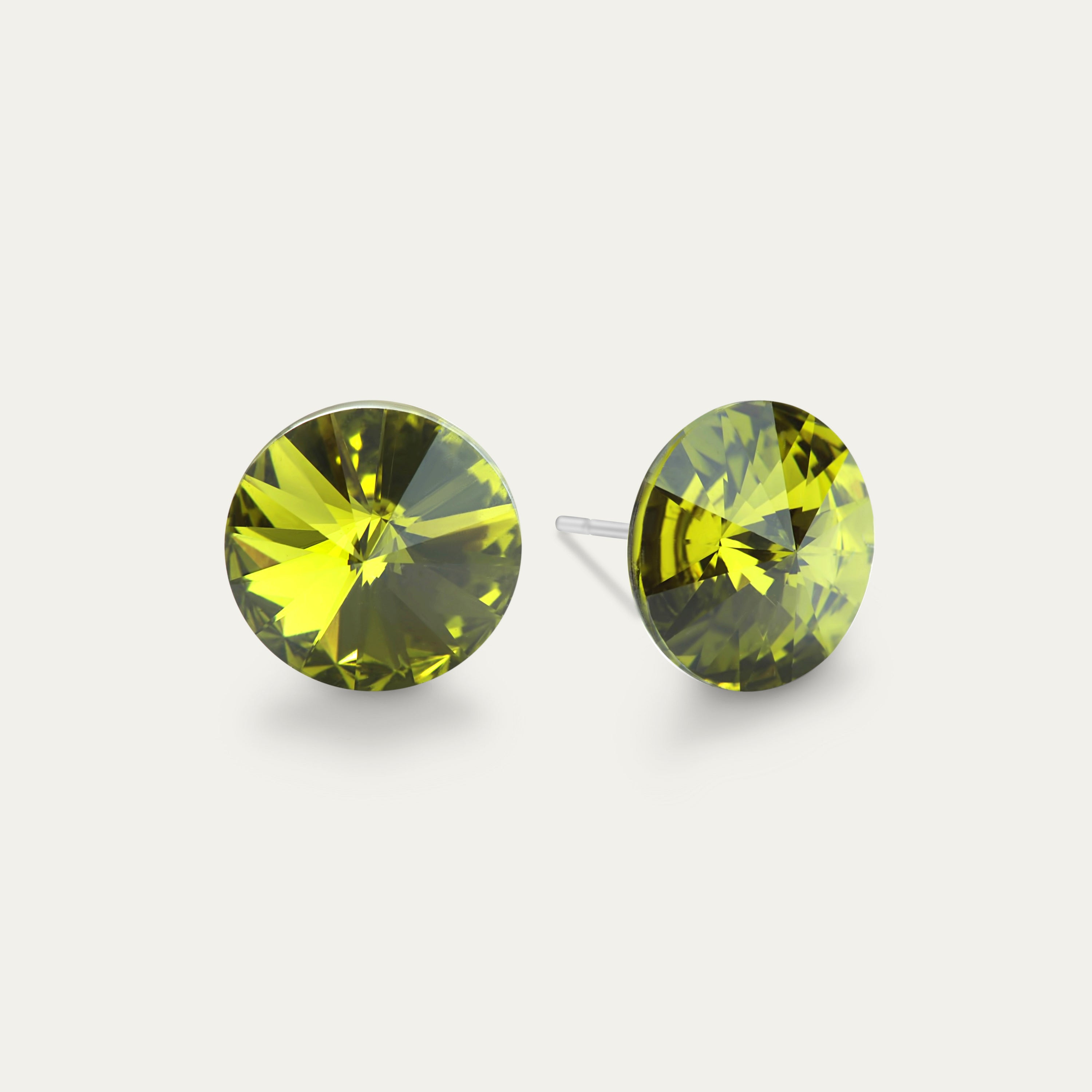 Ella - Olivine 10mm green crystal earrings on a stainless steel finding, showcasing elegance and sophistication.