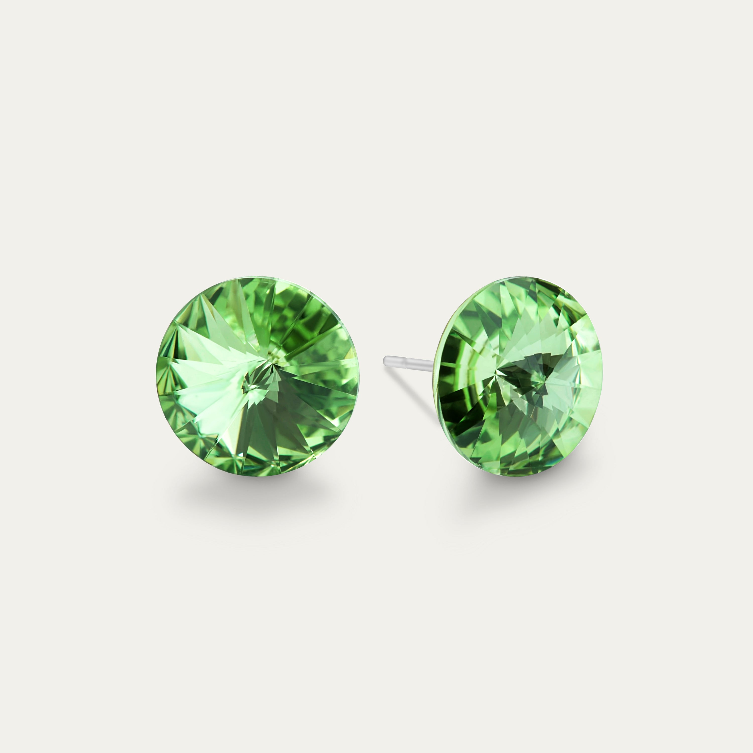Ella - Peridot 10mm Green Color Crystal earrings made of hypoallergenic stainless steel, featuring a sparkling crystal rivoli.