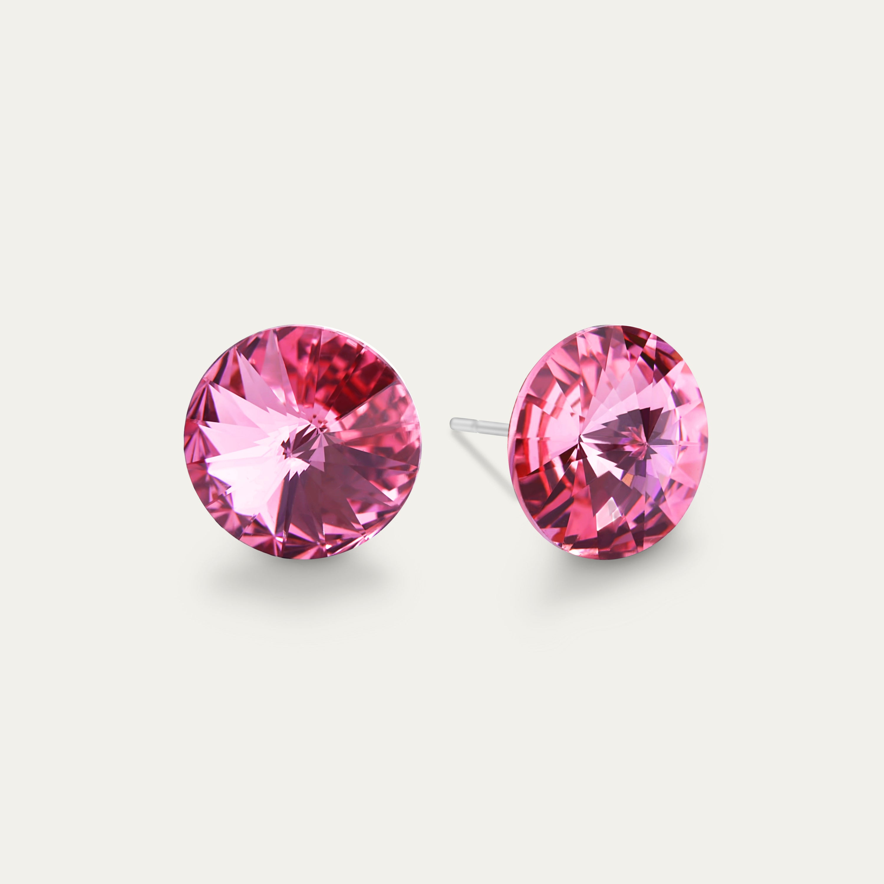 Ella - Rose earrings featuring a 10mm pink crystal rivoli set in hypoallergenic stainless steel, showcasing elegance and sophistication.