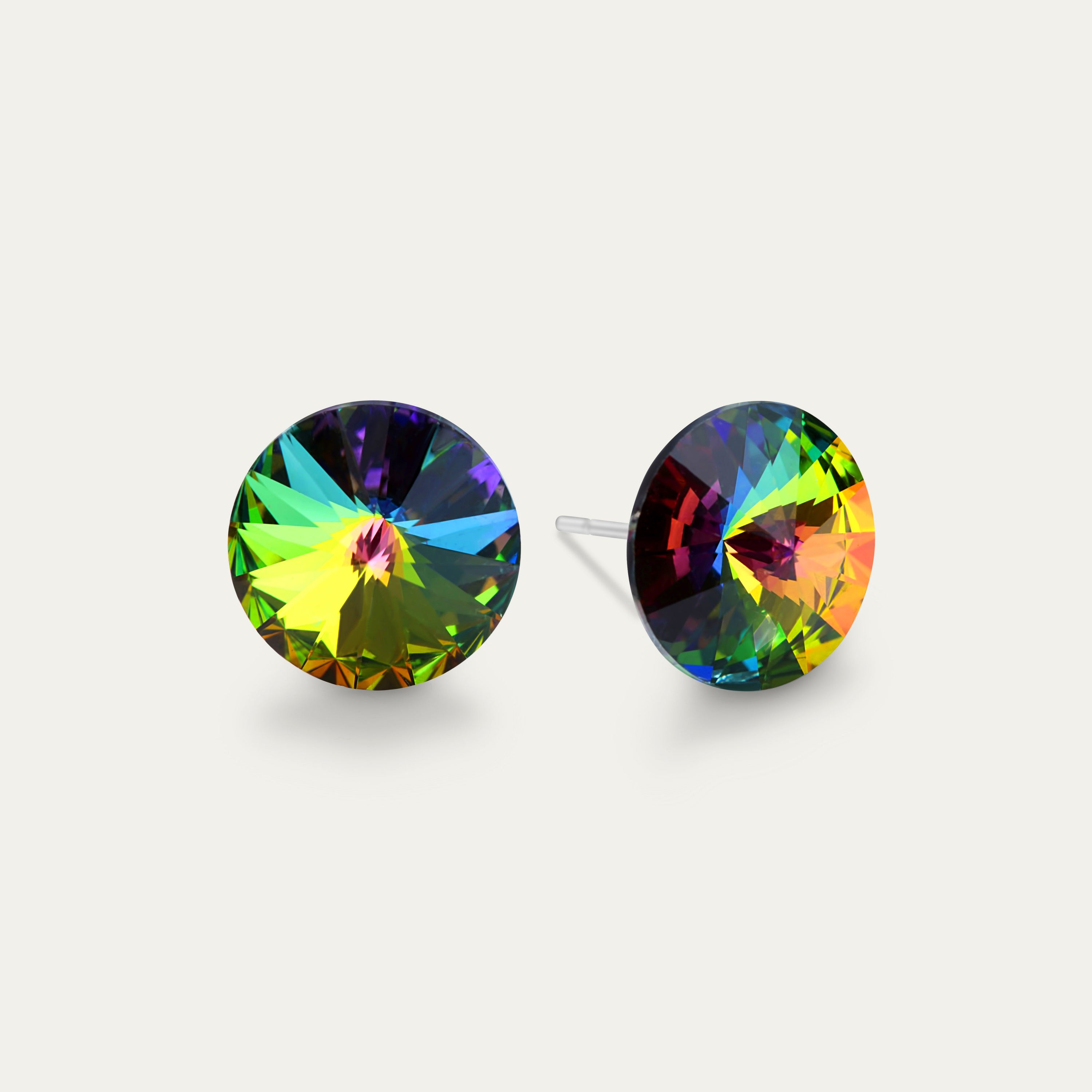 Ella - Vitrail Medium 10mm Iridescent Color Crystal earrings on a stainless steel finding, showcasing their elegant design and hypoallergenic features.