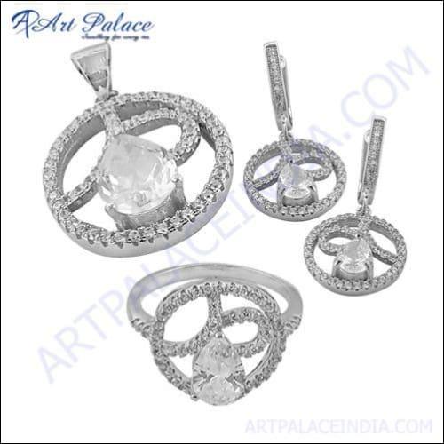 Elegant 925 Silver Pendant Set featuring a dazzling Cubic Zirconia stone, showcasing its intricate design and adjustable silver chain.