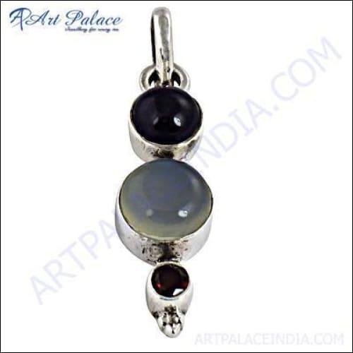 Elegant 925 Silver Pendant featuring Amethyst, Chalcedony, and Garnet, showcasing intricate design and vibrant gemstones.