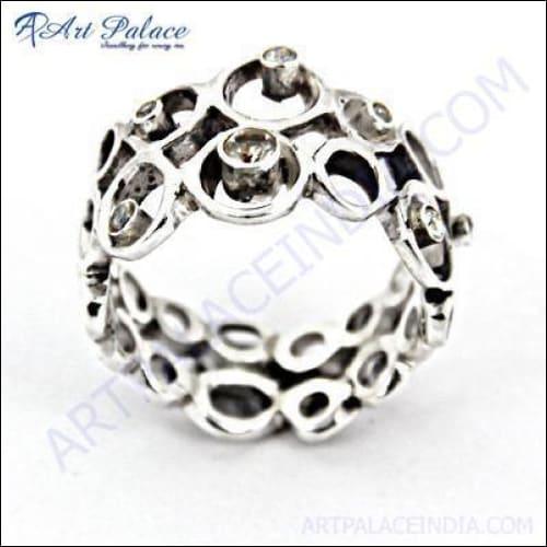 Elegant 925 silver ring featuring white cubic zirconia stones, showcasing a unique handmade design and exquisite craftsmanship.