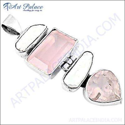 Elegant 925 sterling silver pendant featuring a rose quartz stone and freshwater pearls, showcasing intricate craftsmanship and design.