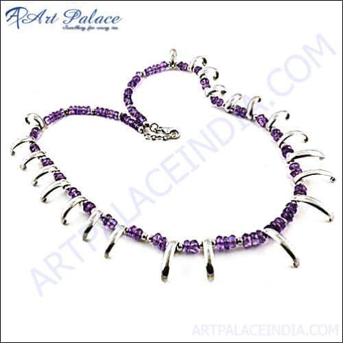 Elegant Amethyst Gemstone Beaded Silver Necklace showcasing vibrant amethyst beads and a sleek silver chain, perfect for any occasion.