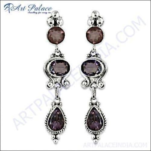 Elegant long silver earrings featuring stunning amethyst gemstones, perfect for party wear.