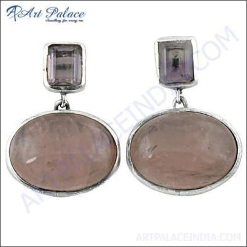 Elegant Amethyst and Rose Quartz gemstone earrings crafted in 925 sterling silver, showcasing a beautiful design with vibrant colors.