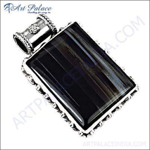 Elegant black banded agate gemstone silver pendant showcasing unique patterns and high-quality craftsmanship.
