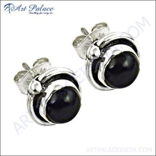 Elegant black onyx gemstone silver earrings, showcasing intricate design and high-quality craftsmanship.