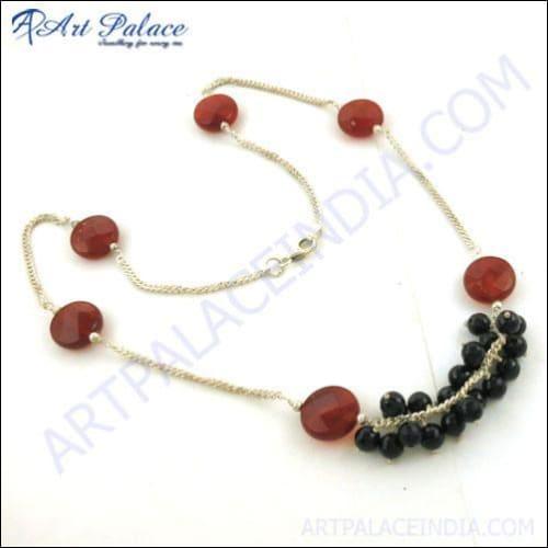 Elegant Black & Red Onyx Gemstone Silver Necklace showcasing intricate craftsmanship with a striking contrast of black and red onyx set in silver.