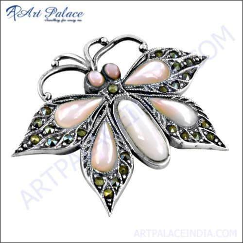 Elegant Butterfly Style Silver Pendant featuring gun metal accents and mother of pearl inlay, showcasing intricate design and craftsmanship.