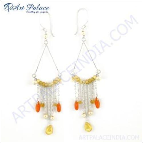 Elegant silver earrings featuring carnelian and citrine gemstones, showcasing a stylish design perfect for any occasion.