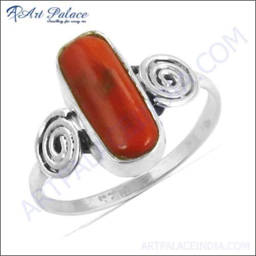 Elegant Coral Gemstone Silver Ring featuring a vibrant coral stone set in 925 sterling silver, perfect for party wear.