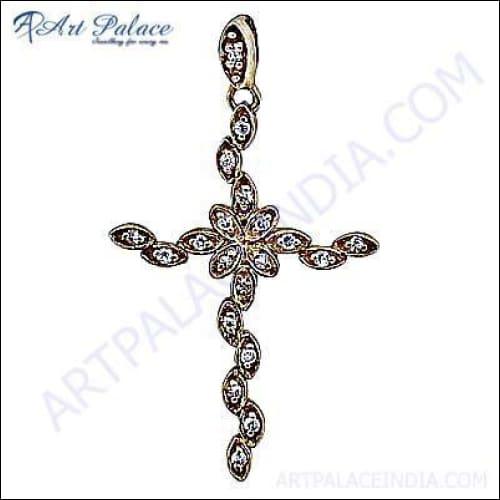 Elegant cross gold plated silver pendant adorned with sparkling cubic zirconia, showcasing intricate design and luxurious finish.