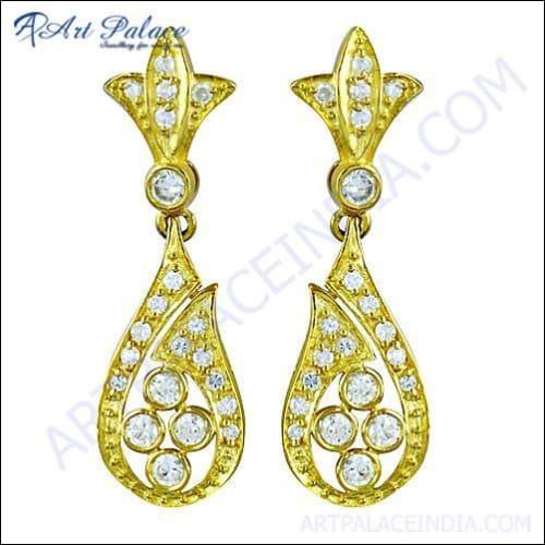Elegant CZ Gold Plated Silver Earrings with sparkling cubic zirconia, perfect for party wear.