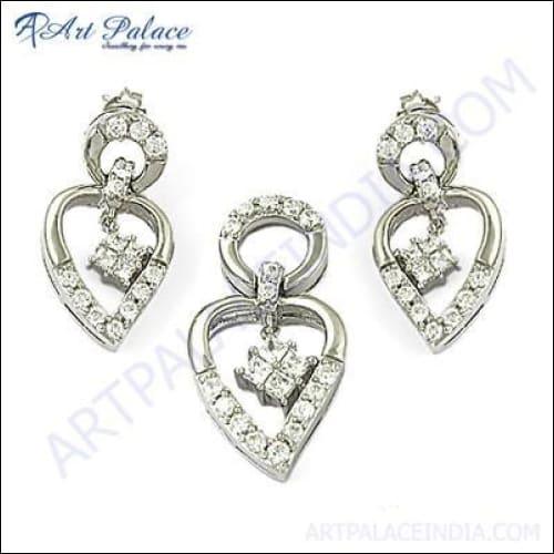 Elegant CZ Silver Gemstone Pendant Set featuring intricate design and sparkling cubic zirconia stones, perfect for party wear.