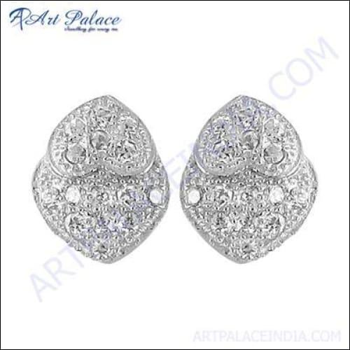 Elegant Designer Silver Earrings featuring sparkling cubic zirconia gemstones, showcasing intricate craftsmanship and a stylish design.
