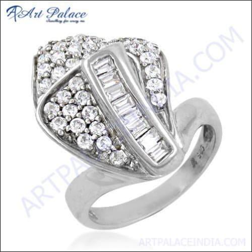 Elegant Designer Silver Ring featuring a sparkling cubic zirconia gemstone, showcasing a stylish and sophisticated design.