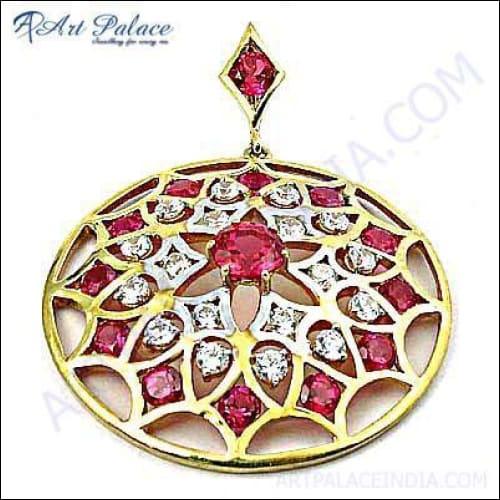 Elegant pink and white cubic zirconia silver pendant, showcasing intricate design and sparkling stones.