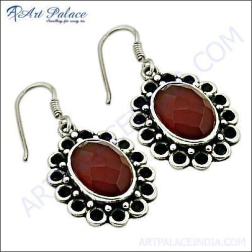 Elegant Designer Red Onyx and Silver Earrings showcasing a vibrant red onyx stone set in a stylish silver design, perfect for any occasion.