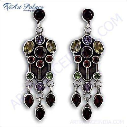 Elegant Designer Silver Multi-Stone Party Wear Earrings featuring intricate designs and vibrant stones, perfect for special occasions.