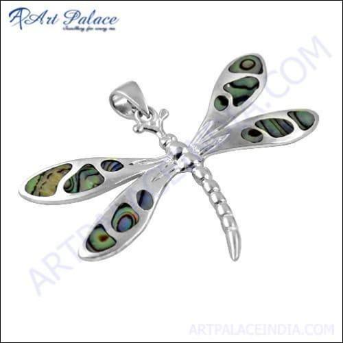 Elegant silver pendant in dragonfly design with intricate inlay, showcasing fine craftsmanship and artistic detail.