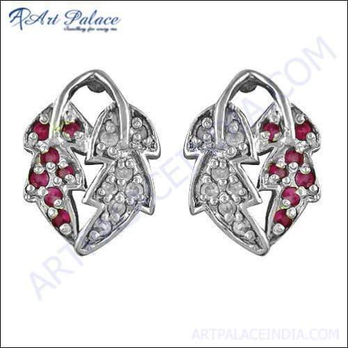 Elegant dual leaf style earrings featuring pink and white cubic zirconia gemstones set in high-quality silver.