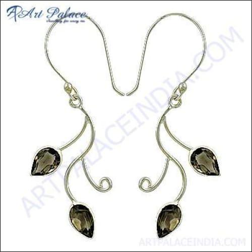 Elegant Fancy 925 Sterling Silver Earrings featuring smokey quartz gemstones, showcasing a sophisticated design.