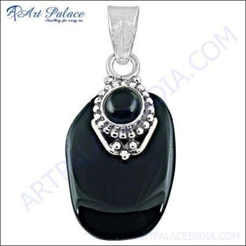 Elegant Fancy Black Onyx Gemstone Silver Pendant showcasing a deep black onyx stone set in a beautifully crafted silver pendant.