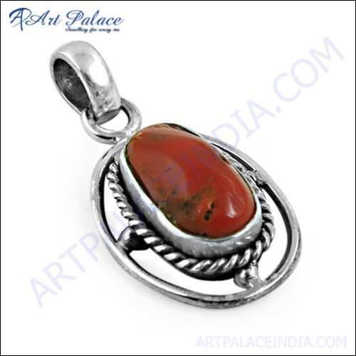 Elegant Fancy Coral Gemstone Silver Pendant showcasing a vibrant coral stone set in a beautifully crafted silver design.