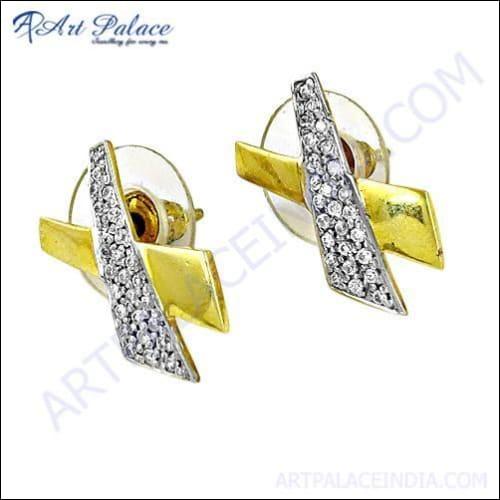 Elegant Fancy CZ Gemstone Silver Gold Plated Earrings showcasing intricate design and sparkling gemstones.