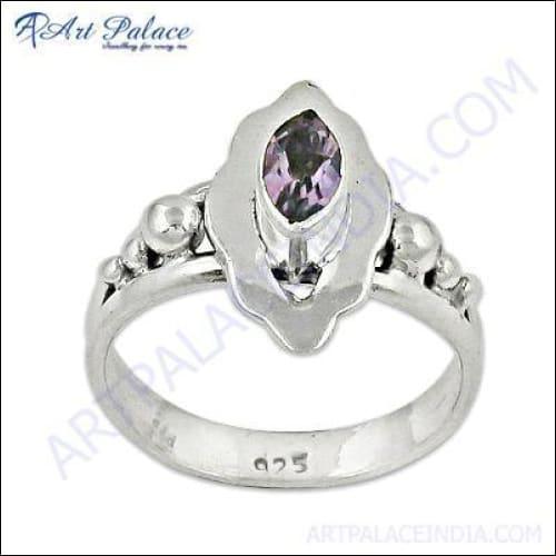 Elegant Fancy Sterling Silver Amethyst Ring featuring a vibrant purple amethyst gemstone set in polished sterling silver.