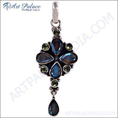 Elegant Fashion Flower Pendant featuring Labradorite and Peridot gemstones, showcasing intricate floral design and vibrant colors.