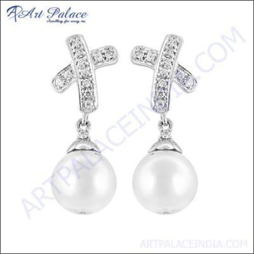 Elegant Feminine Cubic Zirconia and Pearl Gemstone Silver Earrings showcasing sparkling stones and lustrous pearls in a stylish design.