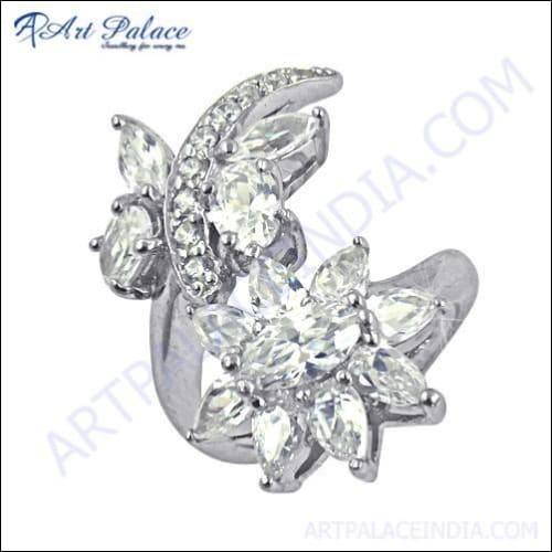Elegant Flower Butterfly Style Silver Ring with Cubic Zirconia gemstones, showcasing intricate design and sparkling details.