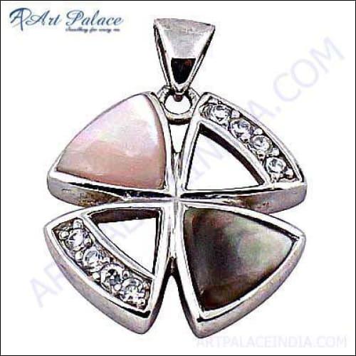 Elegant Flower Style Silver Pendant featuring Cubic Zirconia and Mabe Pearl, showcasing intricate floral design and sparkling stones.