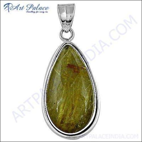 Elegant Golden Rutilated Quartz Gemstone Silver Pendant showcasing unique golden strands in a silver setting.
