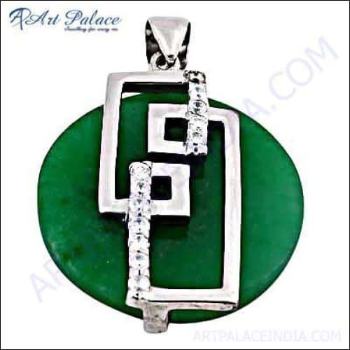 Elegant silver pendant featuring green aventurine and cubic zirconia, showcasing intricate craftsmanship and unique design.