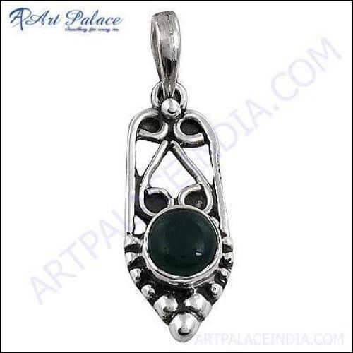 Elegant Green Onyx Pendant set in 925 Sterling Silver, showcasing its vibrant green color and intricate design.