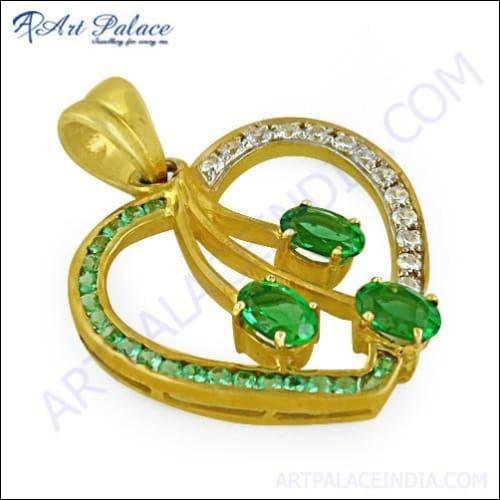 Elegant heart-shaped pendant featuring green CZ glass, gold-plated silver finish, perfect for stylish accessorizing.