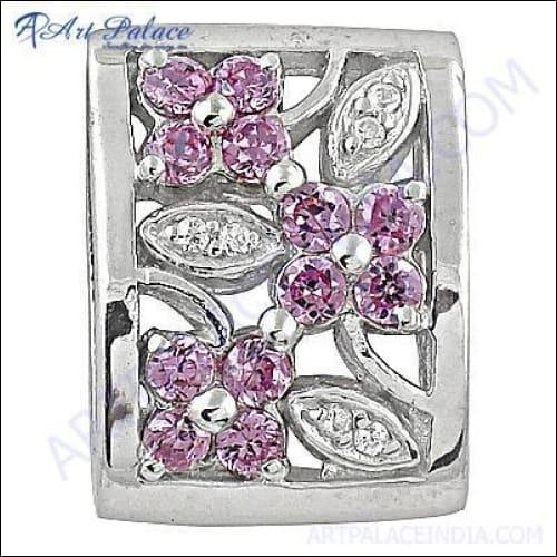Elegant Indian design silver pendant featuring pink cubic zirconia stones, showcasing intricate craftsmanship and aesthetic appeal.