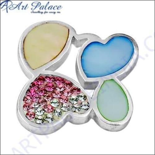 Elegant Inley Pink & White Cubic Zirconia Gemstone Silver Pendant showcasing sparkling stones and intricate silver design.