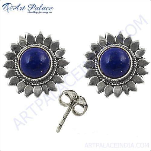 Elegant lapis silver stud earrings featuring a delicate flower design, showcasing vibrant blue lapis lazuli stones set in high-quality silver.