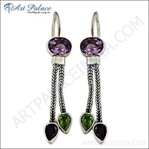 Elegant long-chain silver earrings adorned with multi-gemstones, showcasing a unique and stylish design.