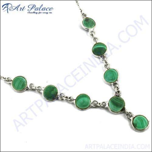 Elegant Malachite and Silver Necklace showcasing intricate craftsmanship and vibrant green malachite gemstone set against a lustrous silver chain.