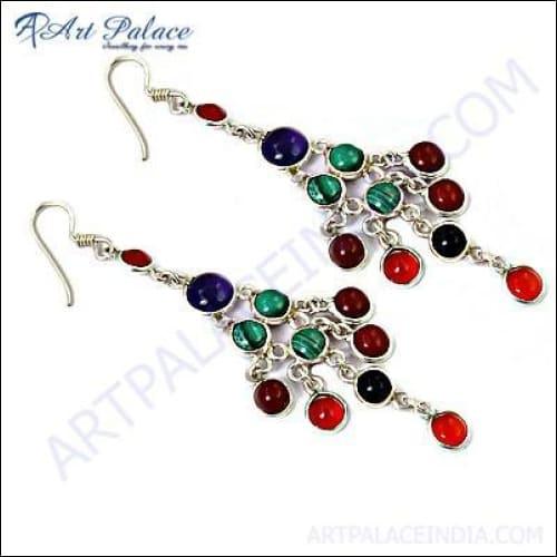 Elegant multi-stone silver earrings showcasing vibrant stones and intricate design, perfect for stylish occasions.